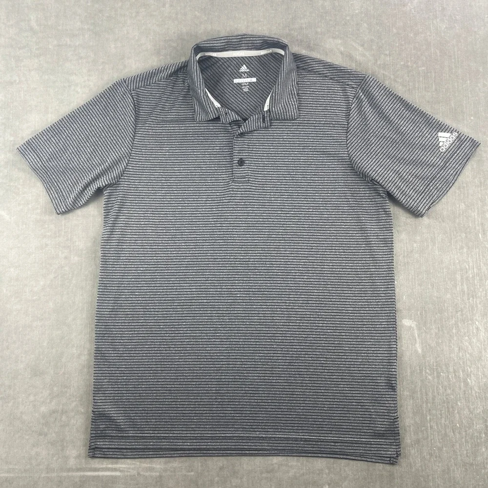 Adidas Mens Medium Gray Striped Golf Polo Shirt Short Sleeve Performance